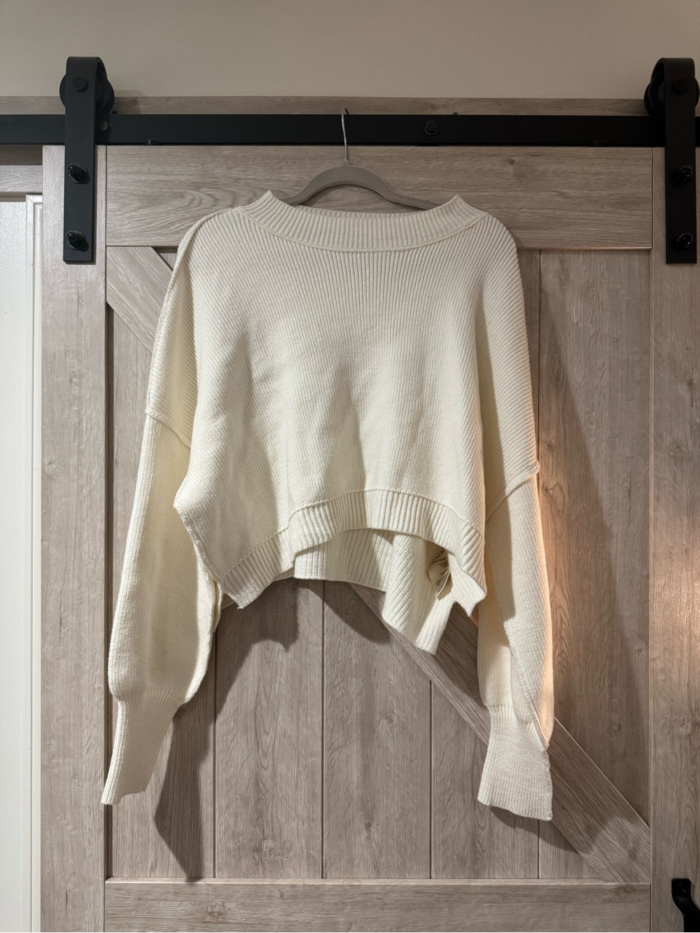 Free People Cream Cropped Drop-Shoulder Knit Sweater